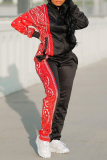 Red Casual Print Patchwork Turndown Collar Long Sleeve Two Pieces