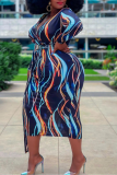 Blue Street Print Split Joint V Neck Straight Plus Size Dresses