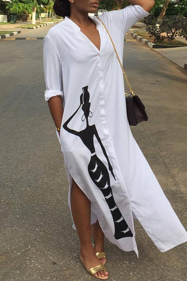 White Fashion Cap Sleeve Long Sleeves V Neck Step Skirt Mid-Calf Print