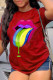 Purplish Red Casual Print Patchwork O Neck T-Shirts