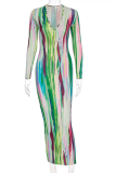 Colour Sexy Print Patchwork U Neck Pencil Skirt Dresses