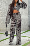 Grey Fashion Casual Print Basic V Neck Long Sleeve Two Pieces