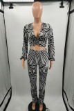 Grey Fashion Casual Print Basic V Neck Long Sleeve Two Pieces