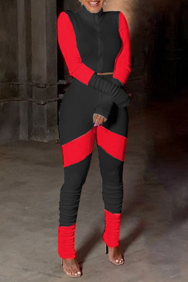 Red Casual Solid Patchwork Half A Turtleneck Long Sleeve Two Pieces