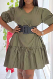 Rose Red Casual Solid Patchwork V Neck Cake Skirt Dresses