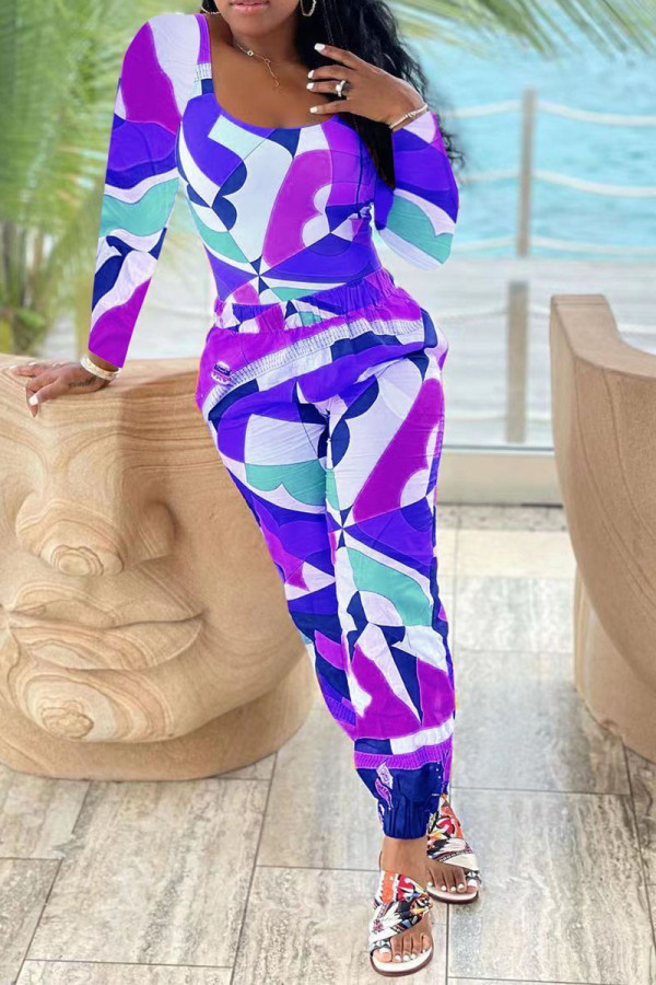 Purple Casual Print Patchwork O Neck Long Sleeve Two Pieces