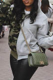 Gray Green Fashion Casual Camouflage Print Patchwork Hooded Collar Outerwear