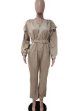 Khaki Casual Solid Split Joint Fold V Neck Straight Jumpsuits