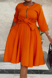 Pink Casual Solid Patchwork O Neck Cake Skirt Dresses