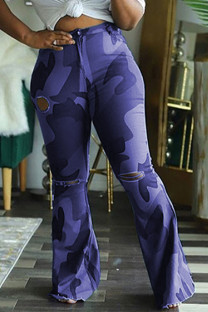 purple Sexy Camouflage Print Ripped Fold Straight Bottoms