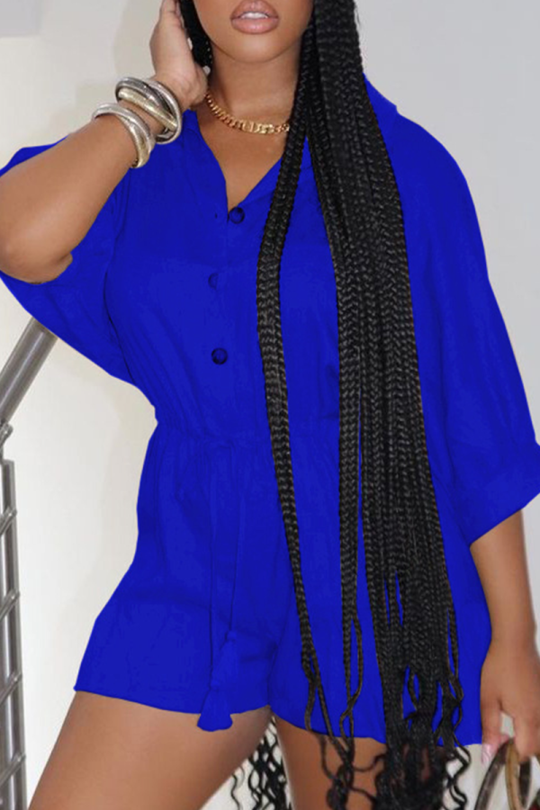 Blue Casual Solid Patchwork Turndown Collar Straight Rompers