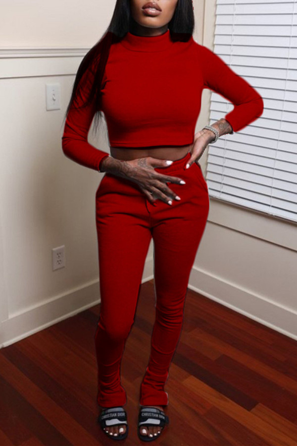 Red Fashion Casual Solid Basic Turtleneck Long Sleeve Two Pieces