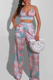 Pink Purple Sexy Print Bandage Patchwork Backless Sleeveless Two Pieces