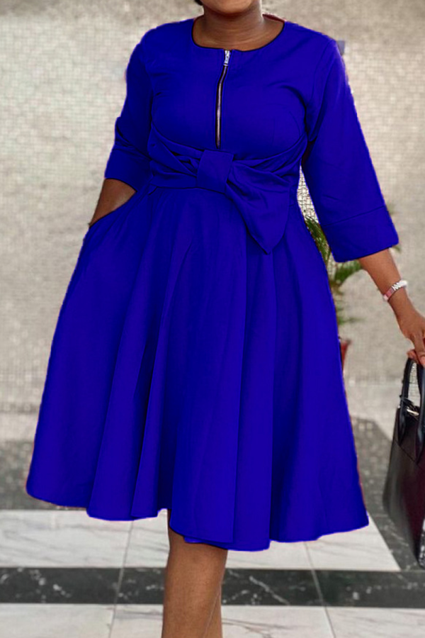Blue Casual Solid Patchwork O Neck Cake Skirt Dresses
