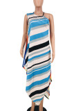 Blue Casual Striped Print Patchwork Asymmetrical O Neck Irregular Dress Dresses