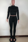 Black Casual Solid Split Joint Half A Turtleneck Long Sleeve Two Pieces