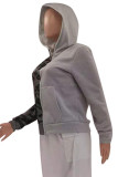 Gray Green Fashion Casual Camouflage Print Patchwork Hooded Collar Outerwear
