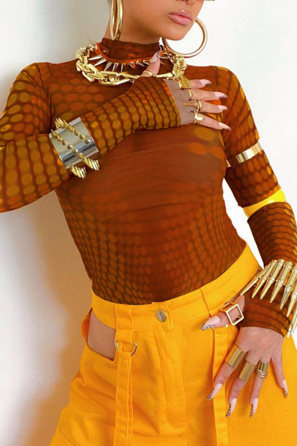 Tangerine Street Print Patchwork Half A Turtleneck Tops
