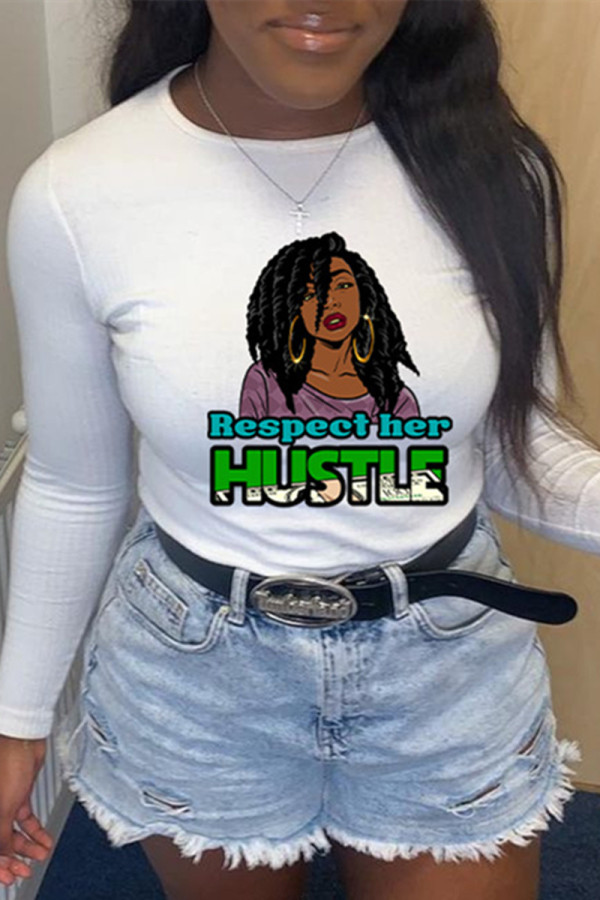 White Fashion Casual Print Basic O Neck Tops
