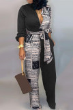 Black Casual Print Patchwork Buckle Turndown Collar Straight Jumpsuits