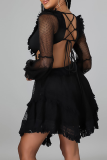 White Sexy Print Mesh V Neck Cake Skirt Dresses