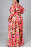 Pink Sweet Print Bandage Hollowed Out Split Joint V Neck Straight Plus Size Dresses