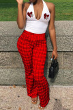 Red Casual Plaid Print Patchwork Backless Halter Sleeveless Two Pieces