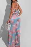 Pink Purple Sexy Print Bandage Patchwork Backless Sleeveless Two Pieces