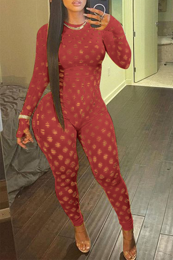 Red Sexy Solid Patchwork Half A Turtleneck Skinny Jumpsuits