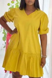 Rose Red Casual Solid Patchwork V Neck Cake Skirt Dresses