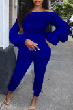 Blue Casual Solid Split Joint Off the Shoulder Long Sleeve Two Pieces