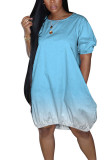 Blue Casual Short Sleeves O neck Straight Mini Solid Dresses