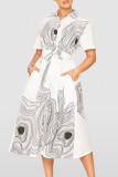 White Casual Print Patchwork Buckle Turndown Collar Shirt Dress Dresses