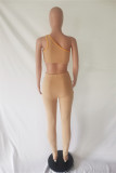 Apricot Sexy Casual Solid Hollowed Out Backless One Shoulder Sleeveless Two Pieces