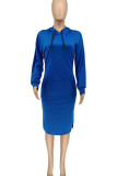 Blue Casual Solid Patchwork Slit Hooded Collar Straight Dresses