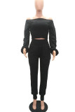Black Casual Solid Split Joint Off the Shoulder Long Sleeve Two Pieces