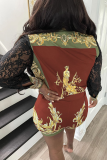 Red Sexy Print Mesh Turndown Collar Long Sleeve Two Pieces