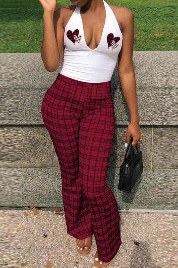 Burgundy Casual Plaid Print Patchwork Backless Halter Sleeveless Two Pieces