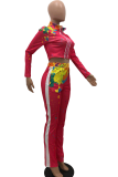 Grey Casual Patchwork Tie-dye Turndown Collar Long Sleeve Two Pieces