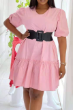 Rose Red Casual Solid Patchwork V Neck Cake Skirt Dresses