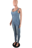 Baby Blue Casual Solid Split Joint Spaghetti Strap Skinny Jumpsuits