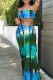Blue Fashion Sexy Print Tie Dye Backless Strapless Sleeveless Two Pieces