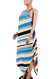 Blue Casual Striped Print Patchwork Asymmetrical O Neck Irregular Dress Dresses