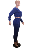 Blue Casual Solid Patchwork O Neck Long Sleeve Two Pieces