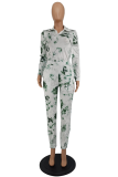 Ink Green Casual Patchwork Tie-dye Turndown Collar Long Sleeve Two Pieces (Only adult clothes)
