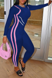 Blue Sexy Solid Split Joint O Neck Skinny Jumpsuits