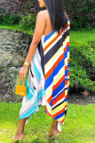 Blue Casual Striped Print Patchwork Asymmetrical O Neck Irregular Dress Dresses