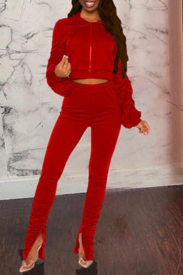 Red Casual Solid Patchwork Fold Hooded Collar Long Sleeve Two Pieces