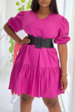 Rose Red Casual Solid Patchwork V Neck Cake Skirt Dresses