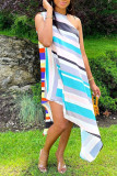 Blue Casual Striped Print Patchwork Asymmetrical O Neck Irregular Dress Dresses